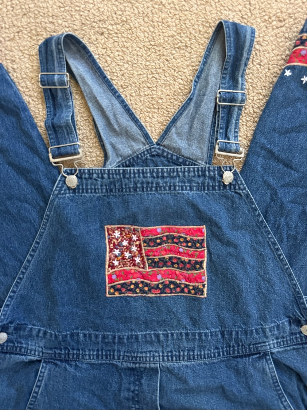 Vintage Denim Blue Women's Overalls with American Flag Embroidery